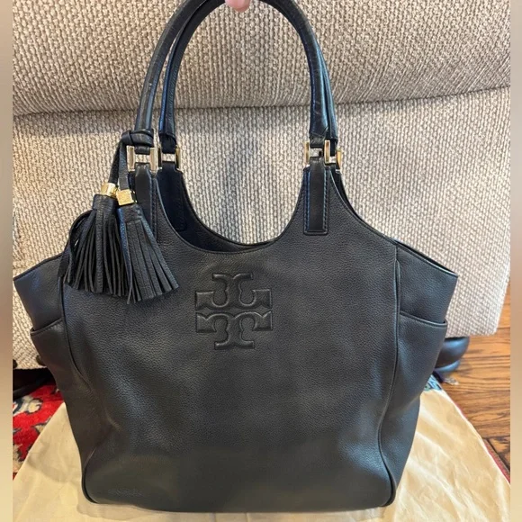 Tory Burch Black Leather Tote Bag with Tassels - Picture 1 of 4